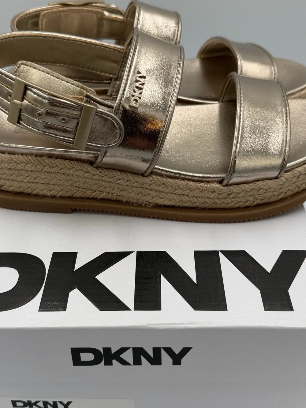 DKNY Metallic Champagne Bernae Slingback Platform Sandals with Ankle Strap NIB
